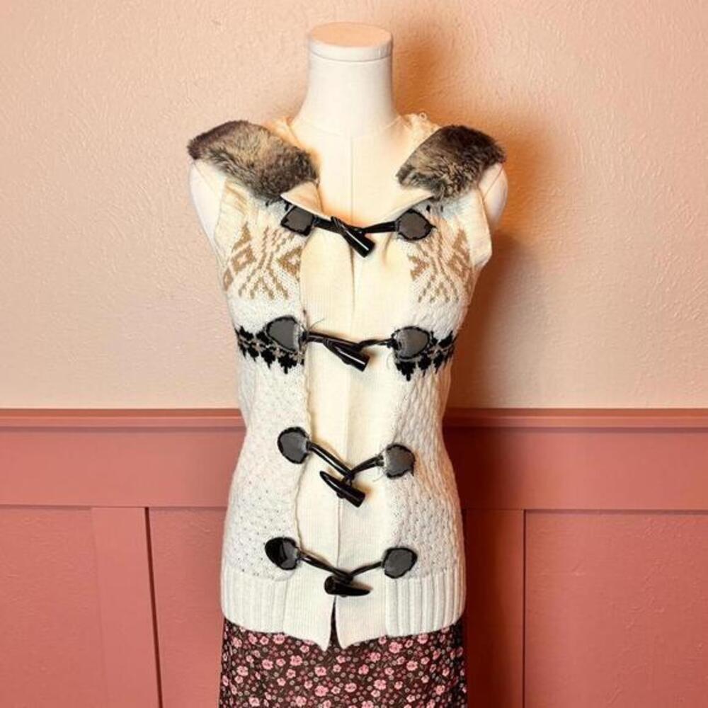 vtg knit faux fur sweater vest cardigan say what sz small wool acrylic mcbling